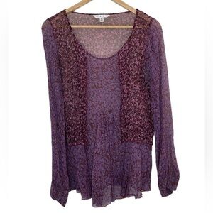 Cabi sonnet silk raspberry violet floral long sleeve sheer tunic top
